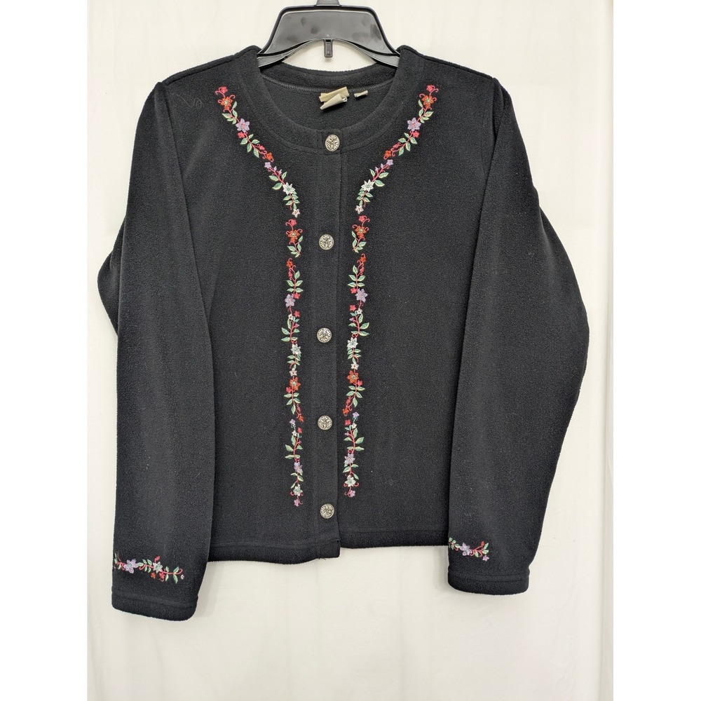 Vintage LL Bean Black Fleece Floral Embroidered Cardigan Jacket Medium 0BNK7